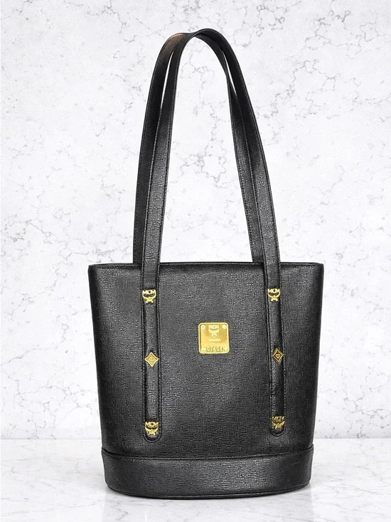 MCM Leather Bucket Tote Black Gold Hardware Structured Mini Tote Luxury Vintage - Picture 1 of 16